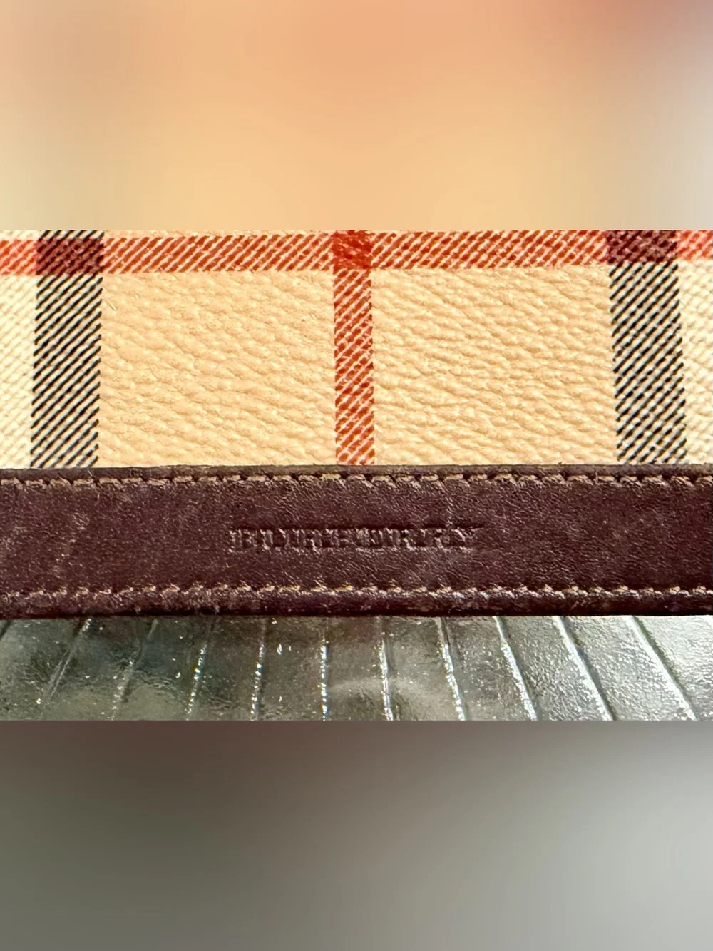 Authentic Burberry Beige Plaid Checkbook holder with Brown Trim and Red Stripe